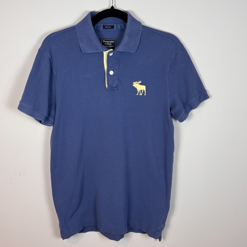 Abercrombie & Fitch Muscle Men's Blue Polo Shirt MED‎ Preppy Y2K Logo Moose